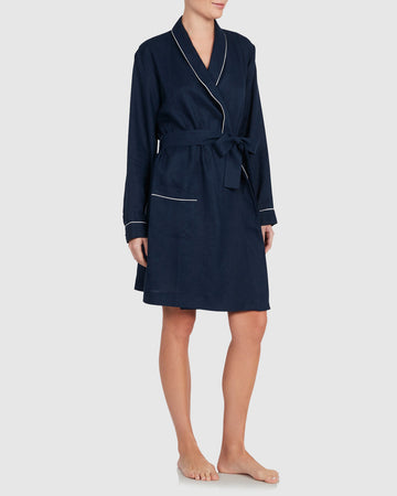Classic Linen Robe Navy with White Trim