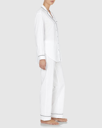 Classic Linen Long Pyjama Set White with Navy Trim