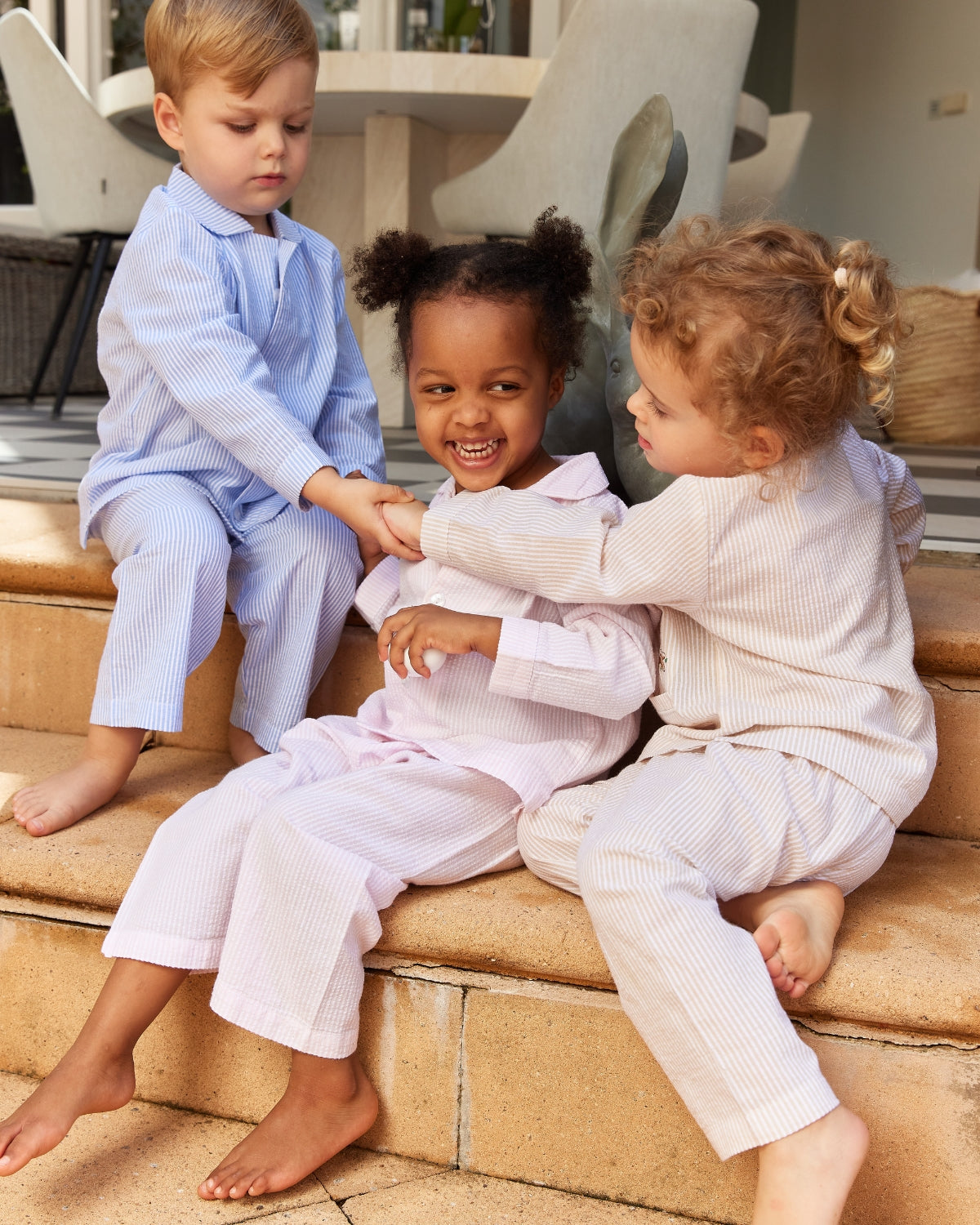 Bunny Embroidered Seersucker Stripe Junior Set - Sand