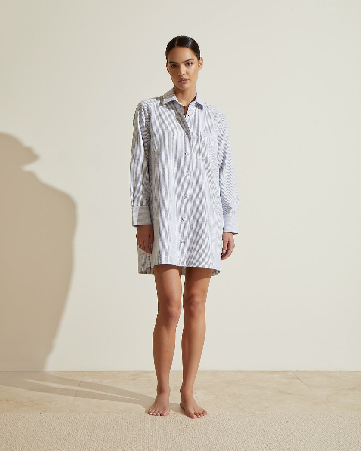 Load image into Gallery viewer, Remi Cotton Flannel Sleep Shirt - Navy Stripe
