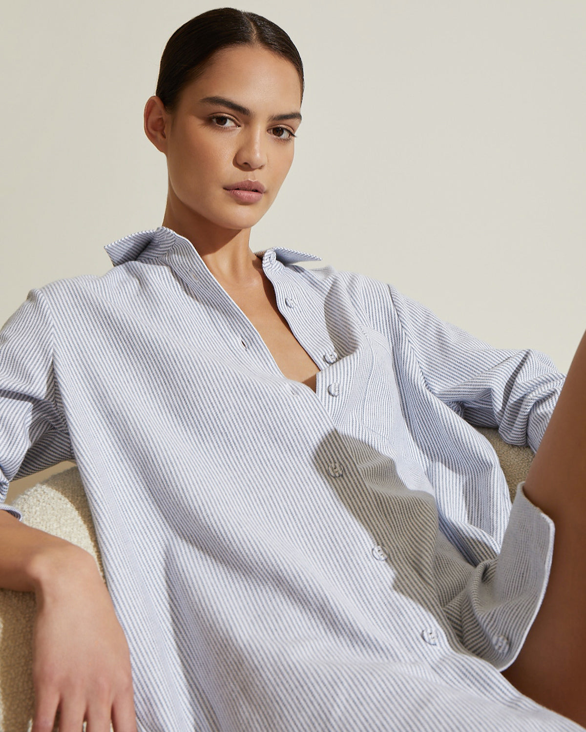 Load image into Gallery viewer, Remi Cotton Flannel Sleep Shirt - Navy Stripe
