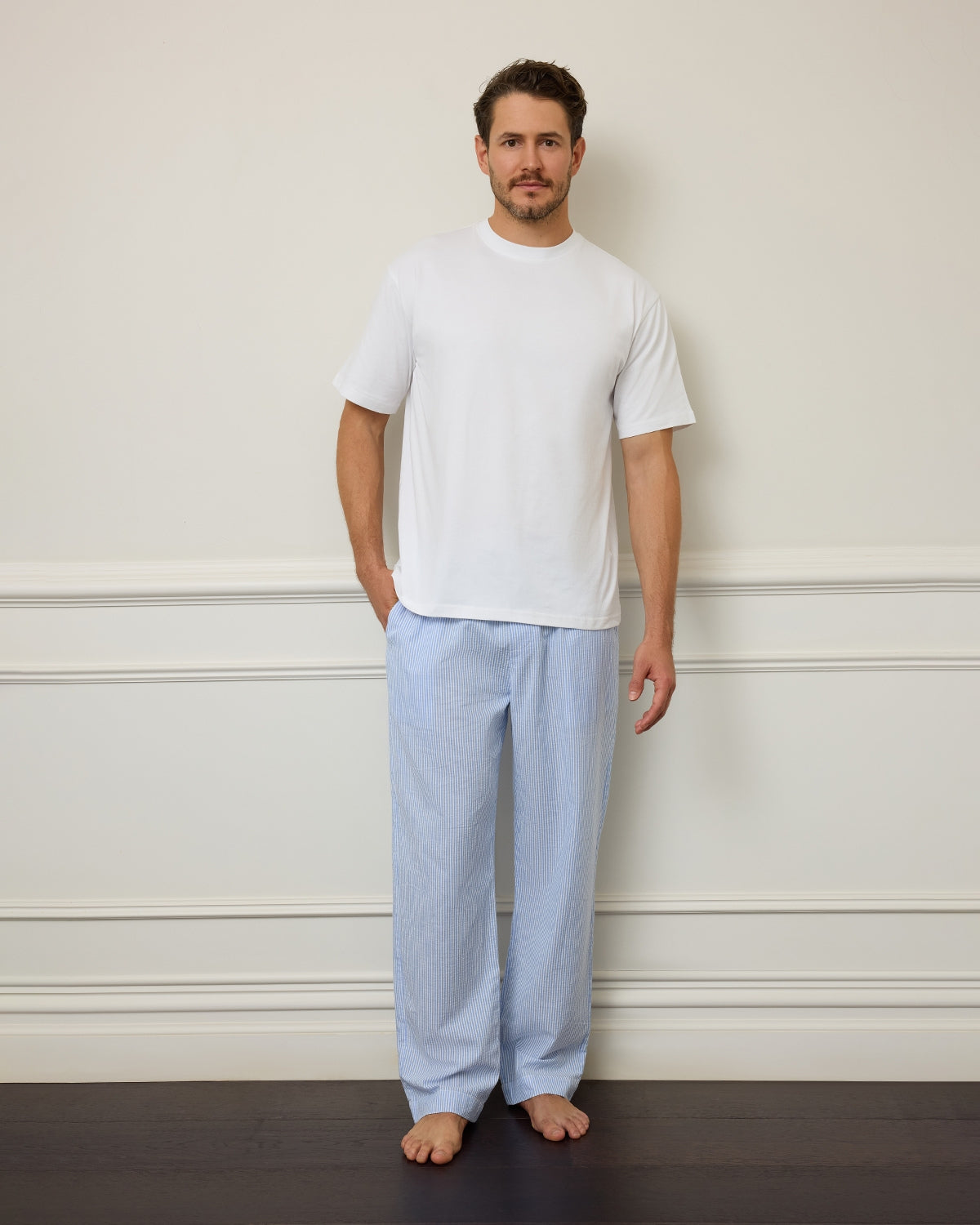 Unisex Cotton Man Pant - Seersucker Stripe Blue