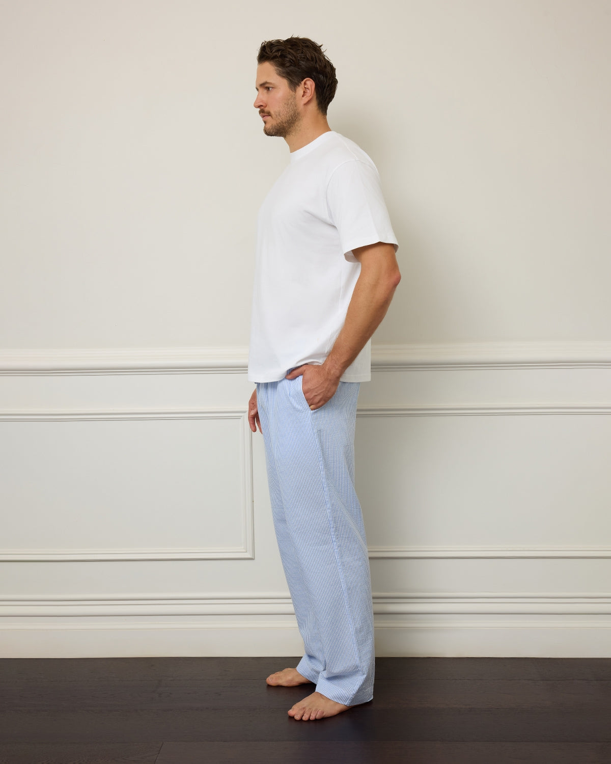 Unisex Cotton Man Pant - Seersucker Stripe Blue