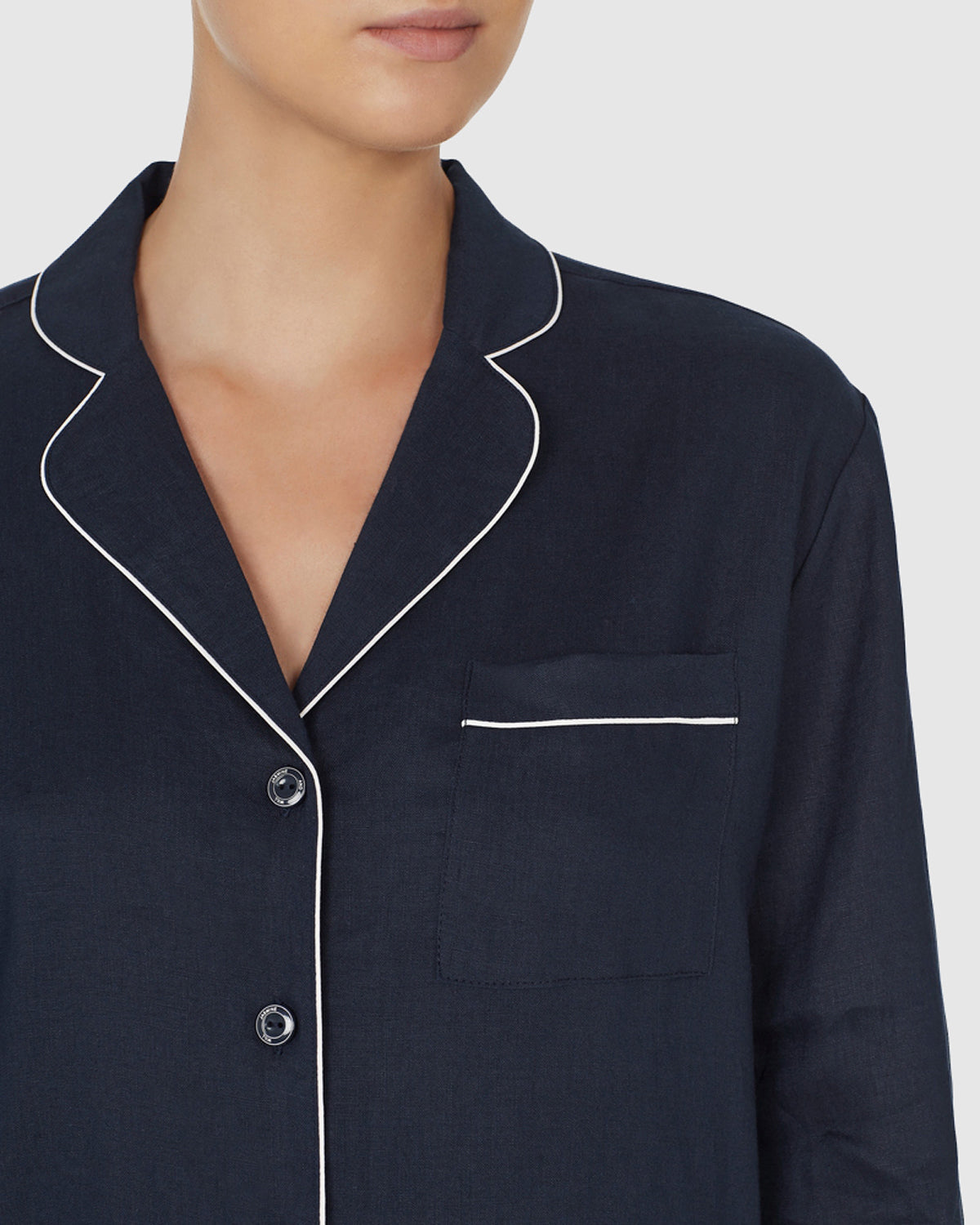 Classic Linen Short Pyjama Set Navy with White Trim