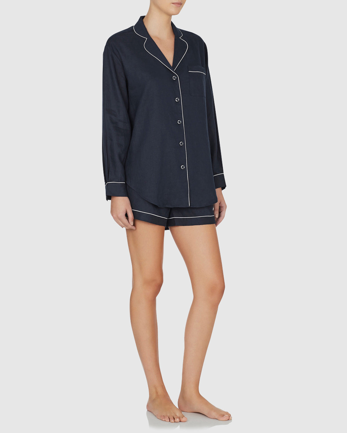Load image into Gallery viewer, Classic Linen Short Pyjama Set Navy with White Trim
