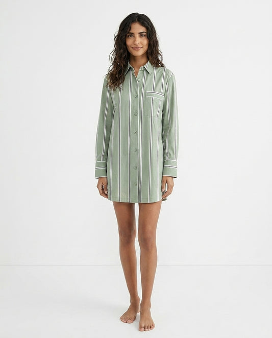 Remi Cotton Sleep Shirt - Mineral Green Stripe