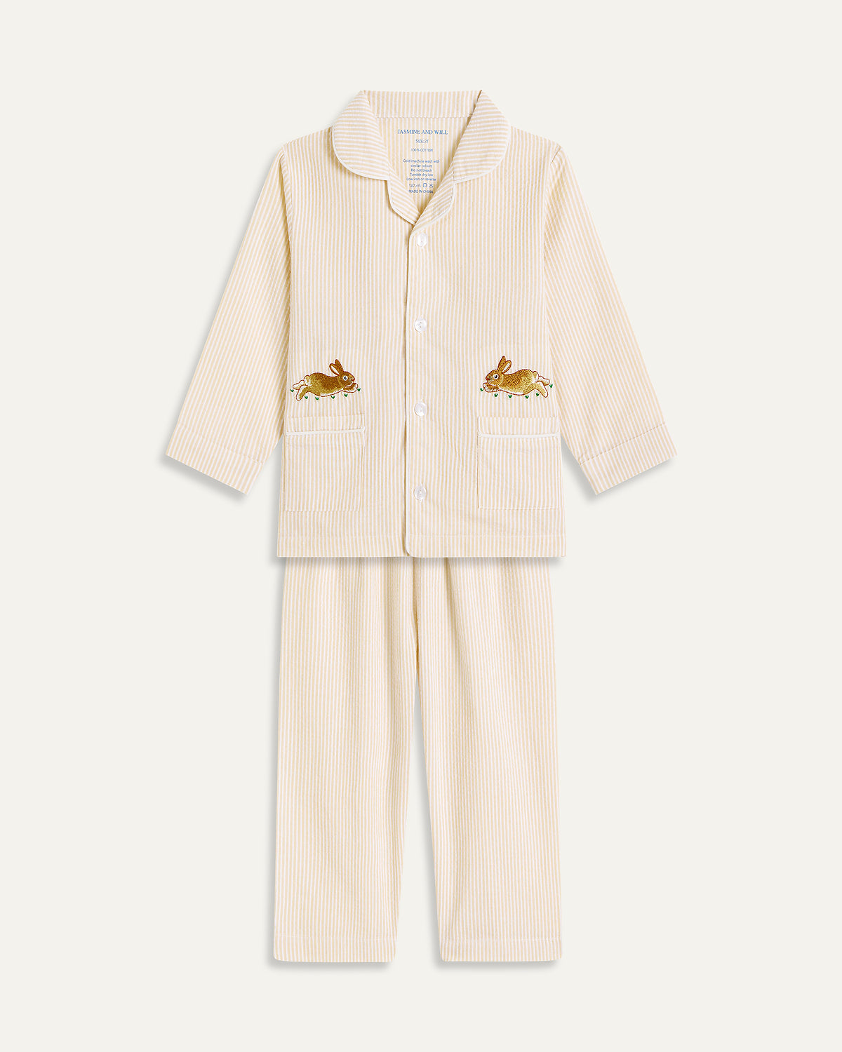 Bunny Embroidered Seersucker Stripe Junior Set - Sand