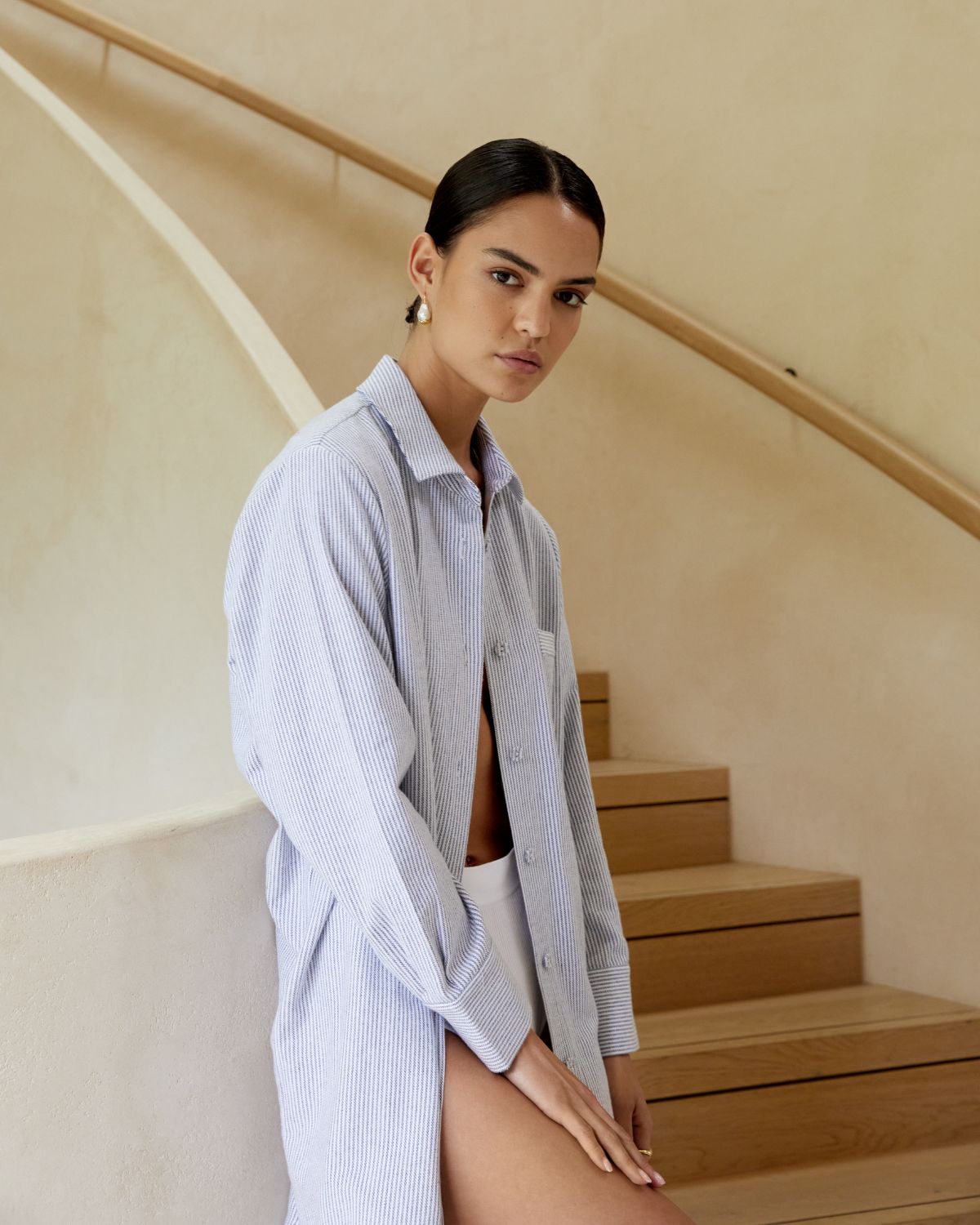 Load image into Gallery viewer, Remi Cotton Flannel Sleep Shirt - Navy Stripe
