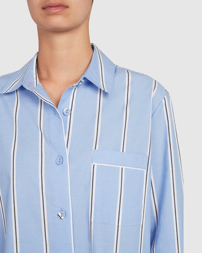 Remi Cotton Sleep Shirt - Wide Blue Black Stripe