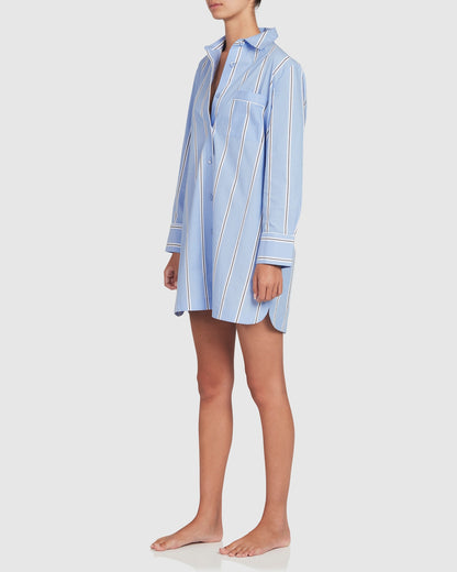 Remi Cotton Sleep Shirt - Wide Blue Black Stripe