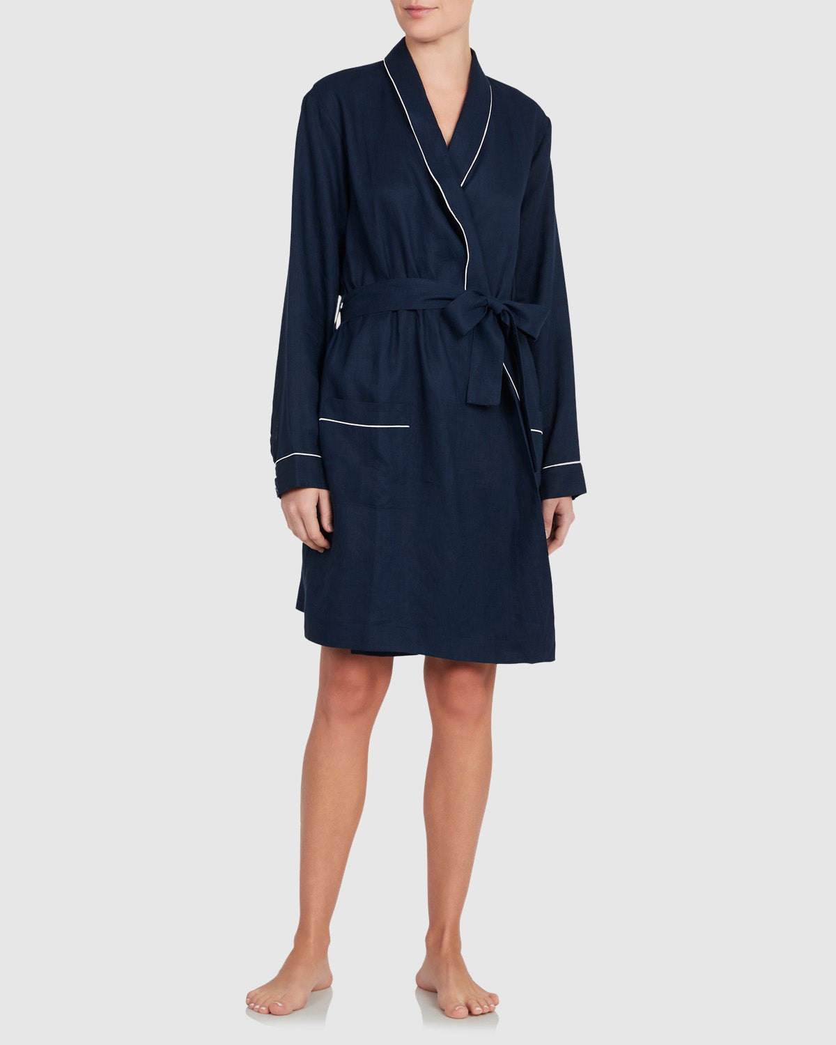 Load image into Gallery viewer, Classic Linen Robe Navy with White Trim
