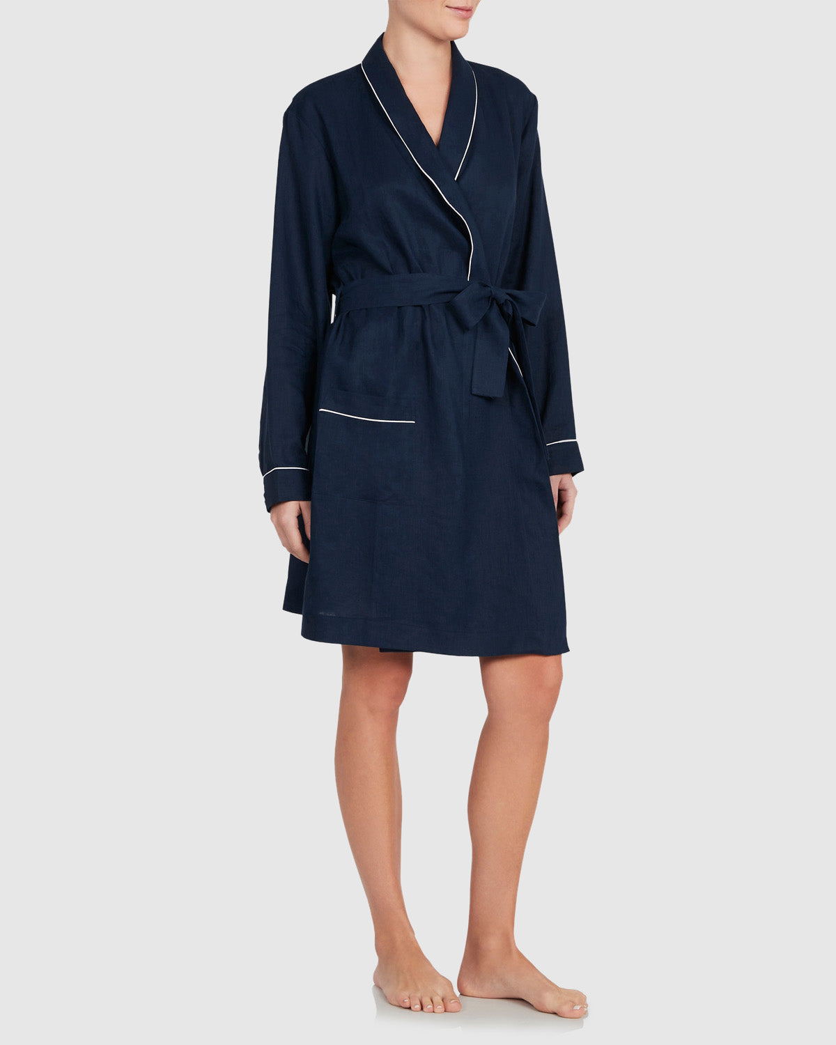 Load image into Gallery viewer, Classic Linen Robe Navy with White Trim
