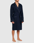 Mens Classic Linen Robe Navy with White Trim