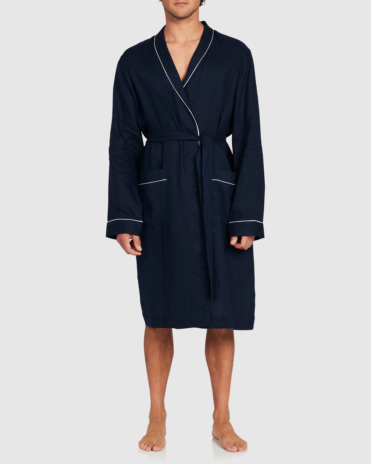 Mens Classic Linen Robe Navy with White Trim