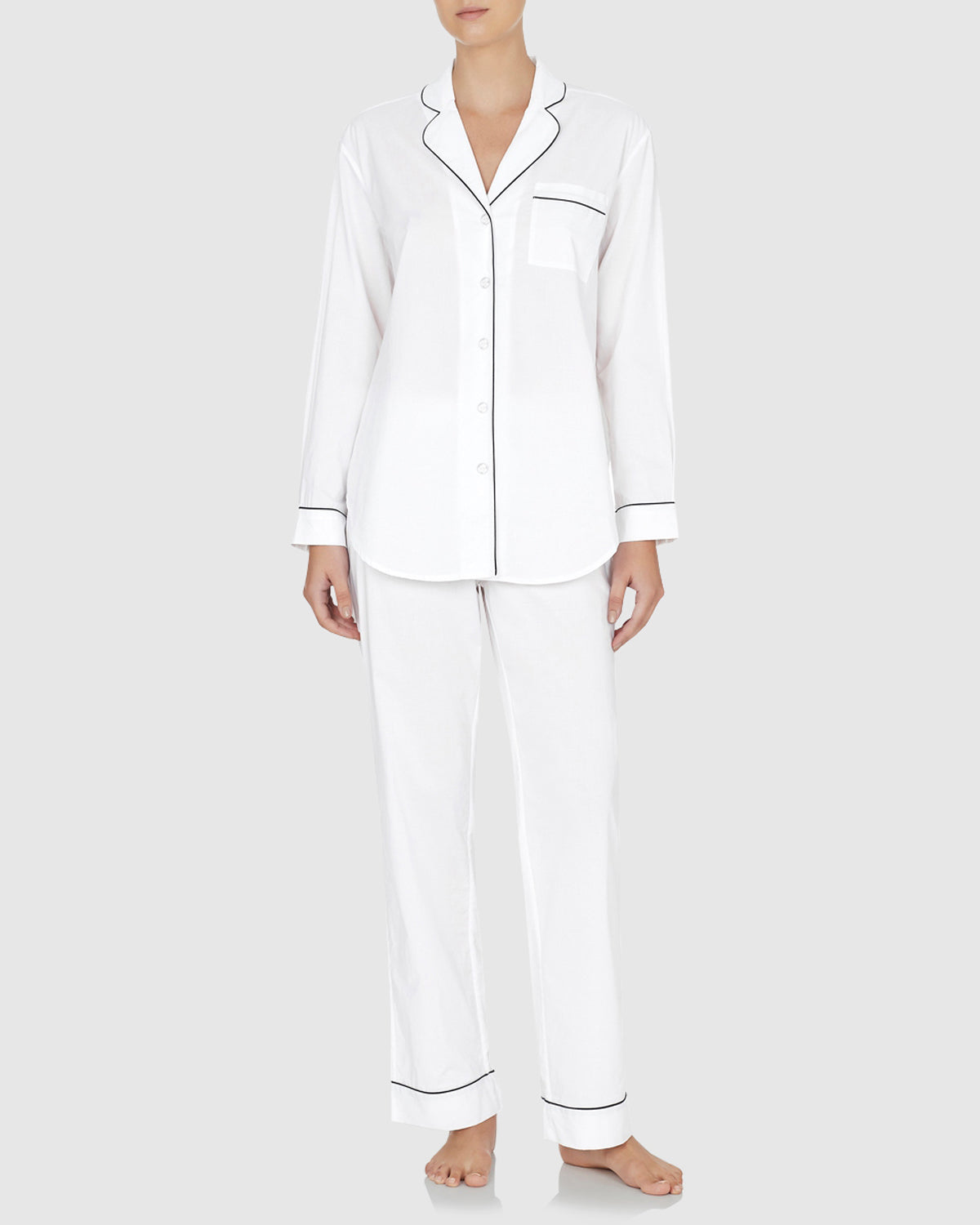 Classic Cotton Long Pyjama Set White with Navy Trim