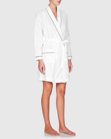 Classic Cotton Robe White with Navy Trim