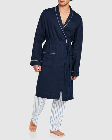Mens Classic Linen Robe Navy with White Trim