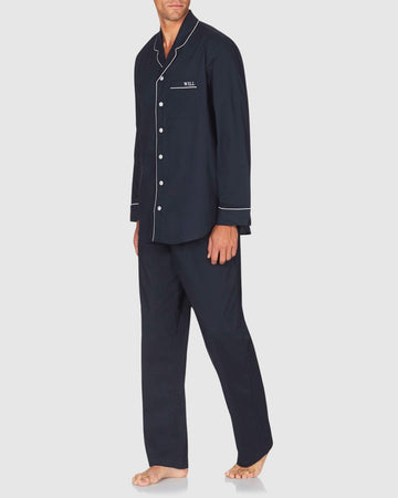 Mens Classic Cotton Pyjama Set Navy with White Trim