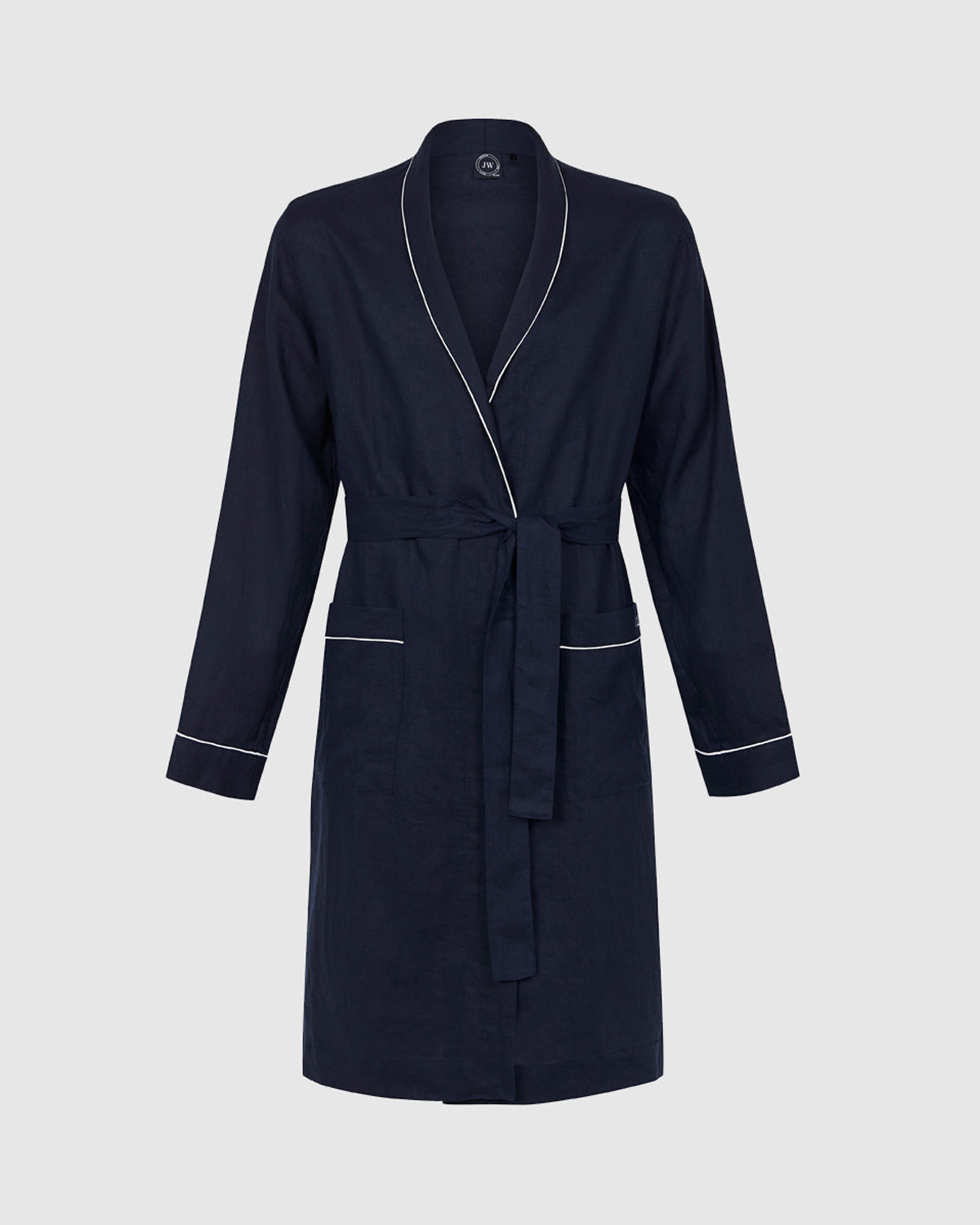 Mens Classic Linen Robe Navy with White Trim