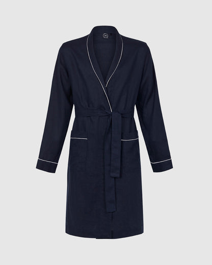 Mens Classic Linen Robe Navy with White Trim